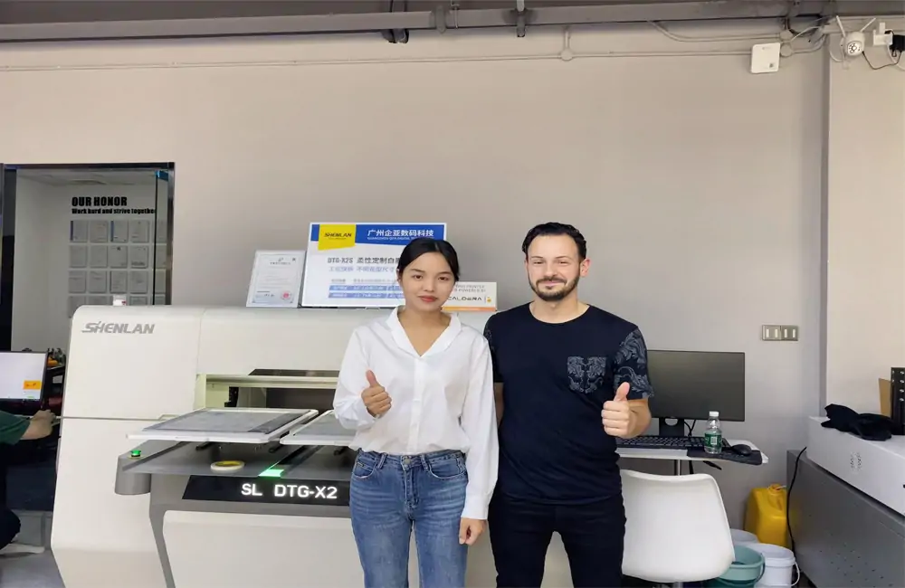 DTG printer printing denim jacket with soft hand feel